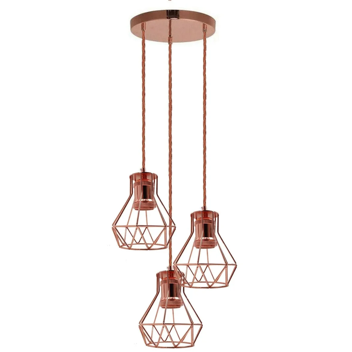 Rose gold vintage cluster pendant lights with three fabric-covered cables and metal shades hanging from ceiling rose