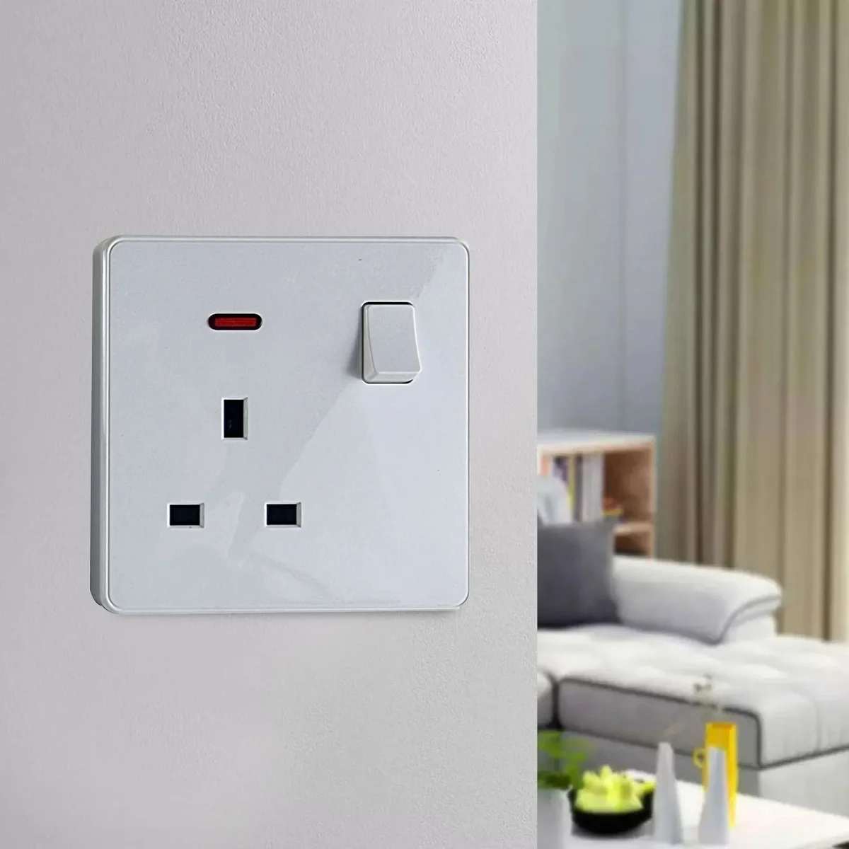 White 13 amp switched socket with ON/OFF switch and LED indicator, screwless design, UK standard wall plug socket