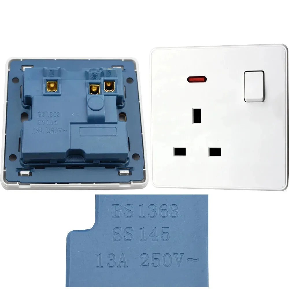 White 13Amp single switched UK wall socket with ON/OFF switch and LED indicator, screwless design, 86x86mm frame size