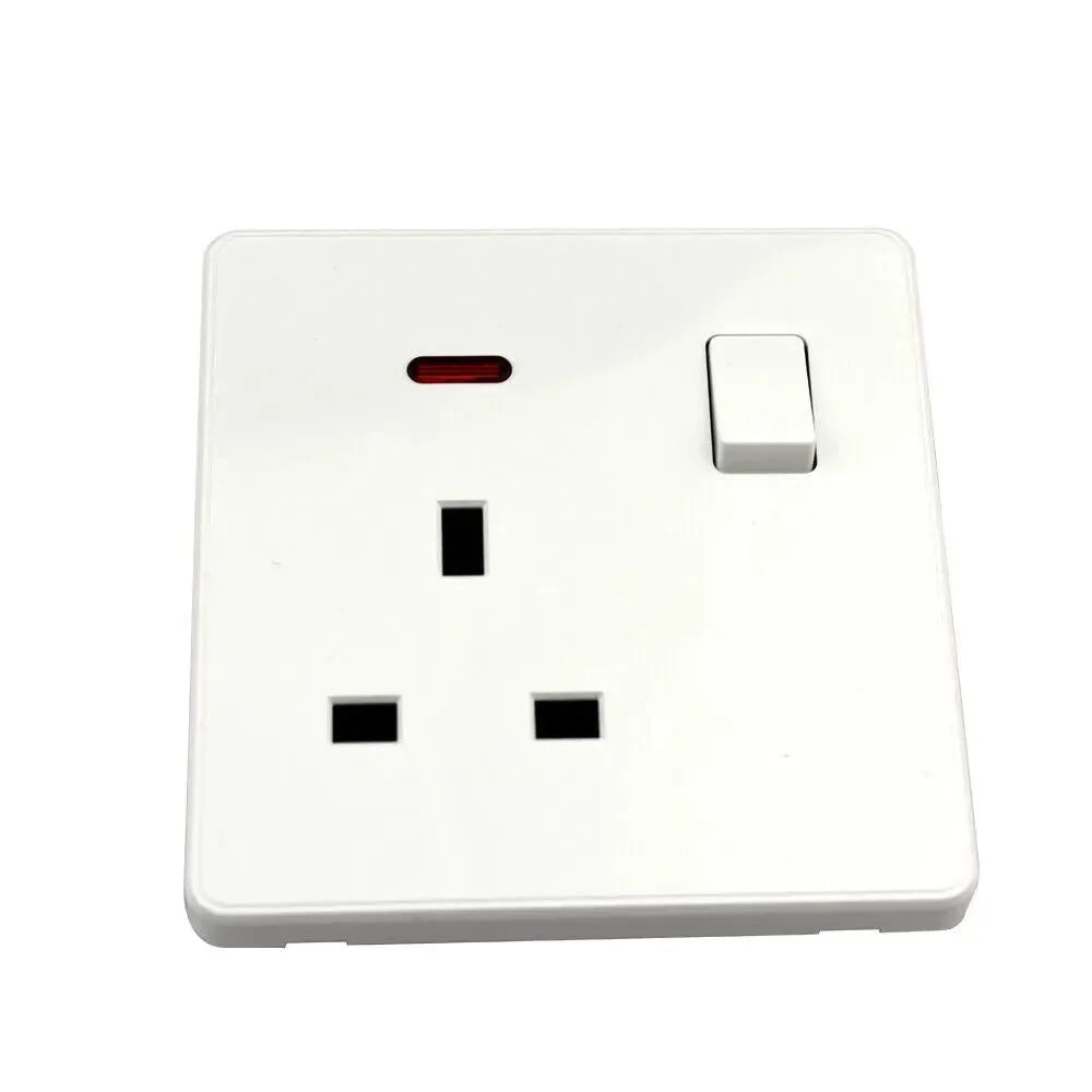 White 13Amp single gang switched electrical socket with ON/OFF switch and LED indicator, screwless UK wall plug design