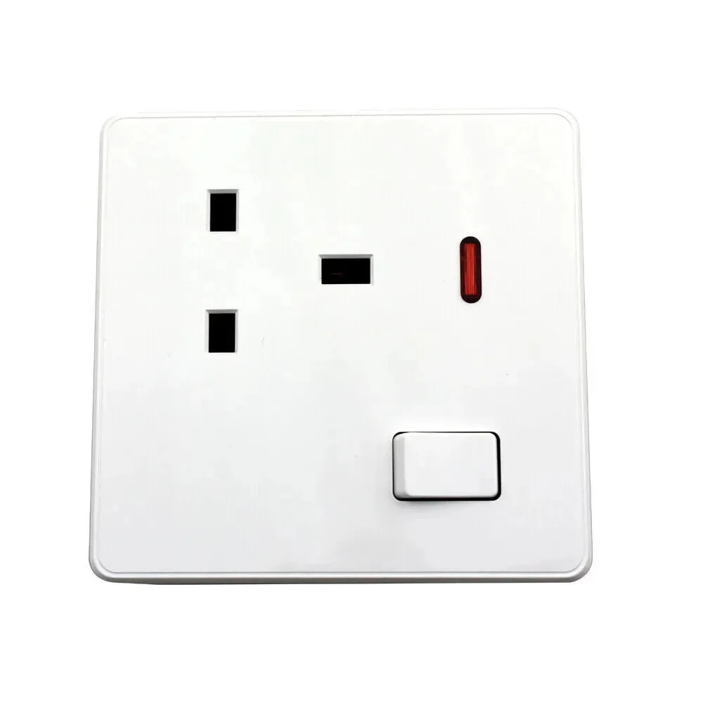 White 13Amp single switched wall socket with ON/OFF switch and LED indicator socket, screwless UK standard design