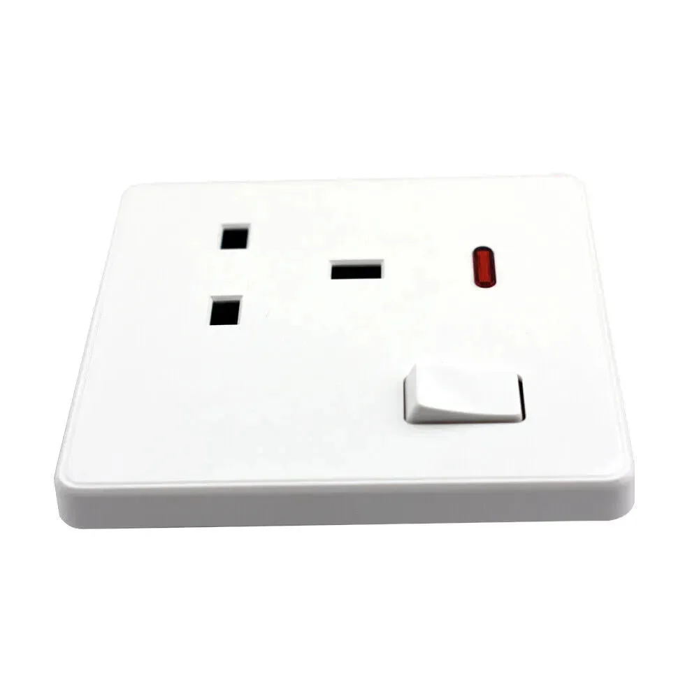 White 13 amp switched socket with ON/OFF switch and LED indicator, screwless design, UK standard wall plug socket