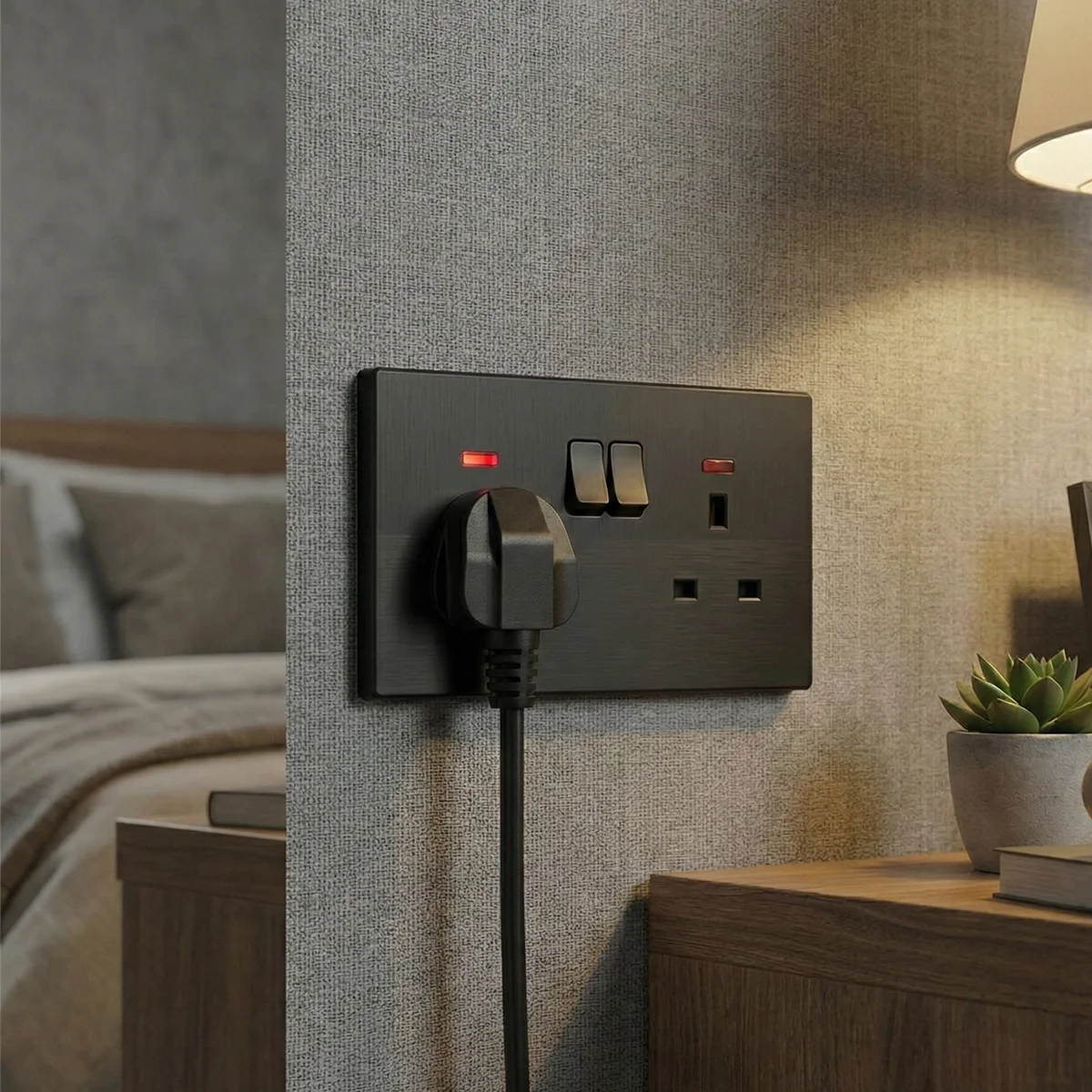 Close-up of a fireproof socket with a screwless flat plate design, 13 Amp double switched, UK standard size