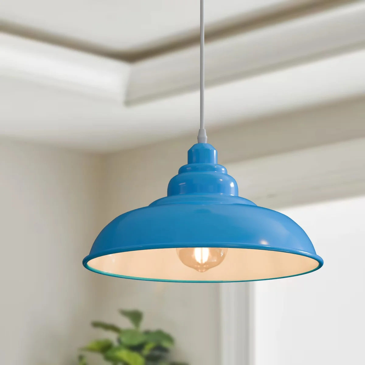 Vintage retro metal pendant light with classic metal shade and E27 bulb base hanging from ceiling cord