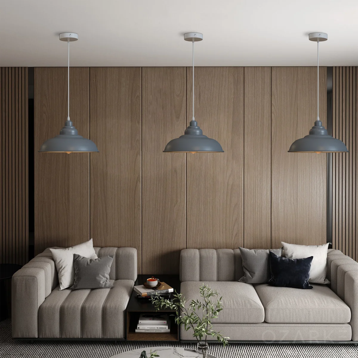 Vintage retro metal hanging pendant lamp with classic shade, E27 bulb base, shown installed in a modern room setting