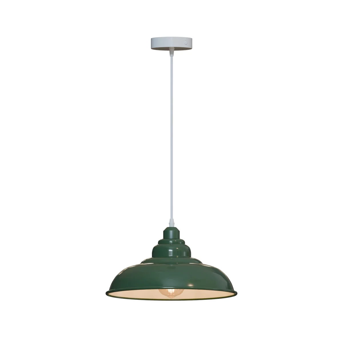 Vintage pendant light with metal shade hanging from ceiling, showcasing retro industrial design and E27 bulb socket
