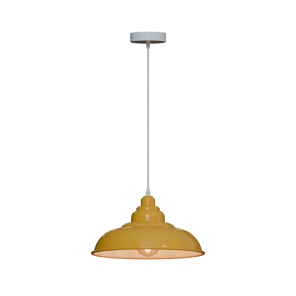 Vintage pendant light with metal shade hanging from ceiling, showcasing retro industrial style and E27 bulb base