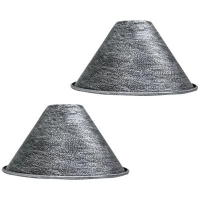 Two brushed silver vintage metal pendant light shades with cone shape for ceiling lamps, 18cm wide and 10cm high