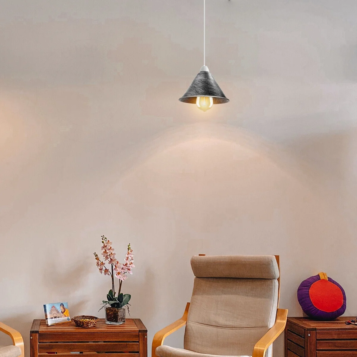 Two vintage brushed silver metal pendant lamp shades with cone shape, 18cm wide and 10cm high, for ceiling lights