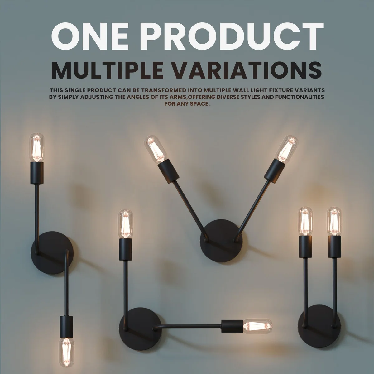 Modern wall light with curved metal arm, cylindrical E27 socket, and round ceiling rose in industrial style