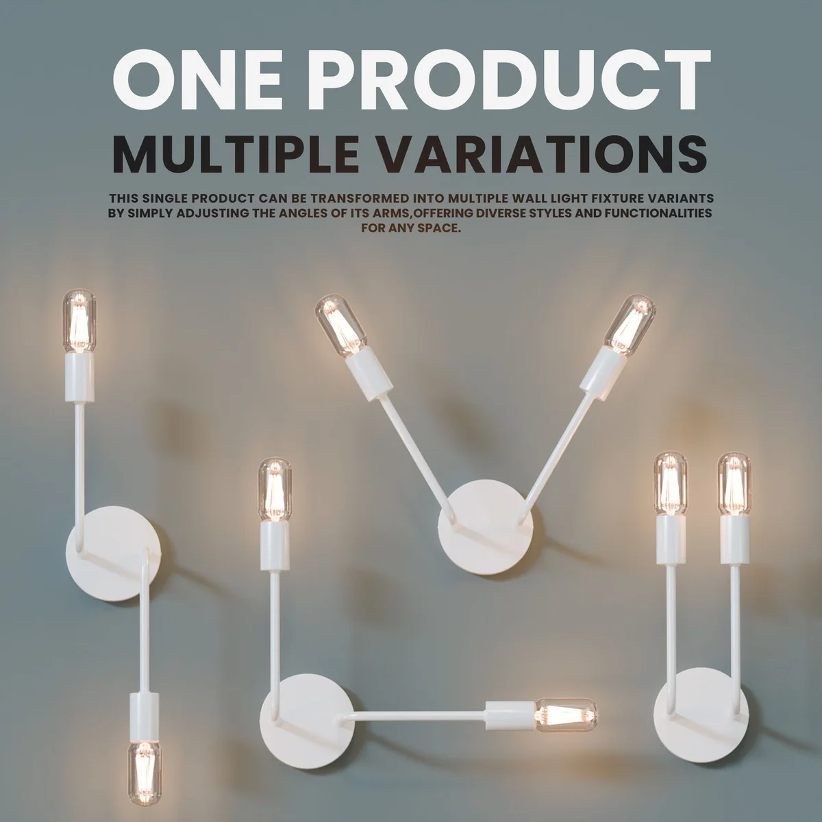 Modern industrial wall sconce with curved metal arm, cylindrical E27 socket, and round 10 cm ceiling rose in metal finish