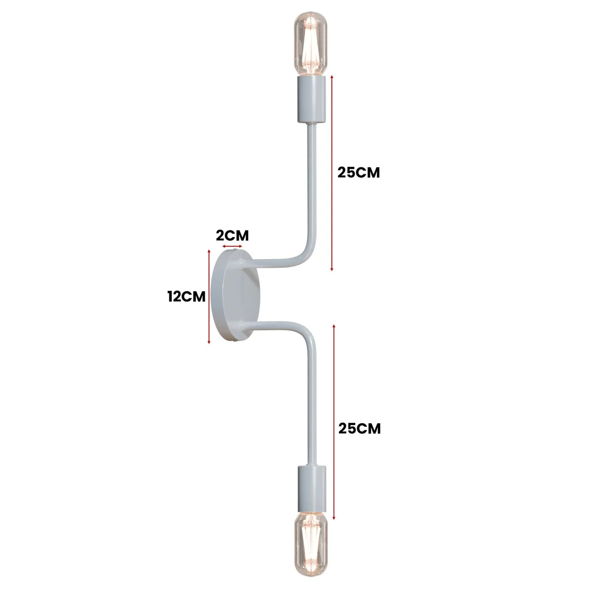 Modern metal wall light with curved arm, cylindrical E27 socket, and round ceiling rose mounted on white wall