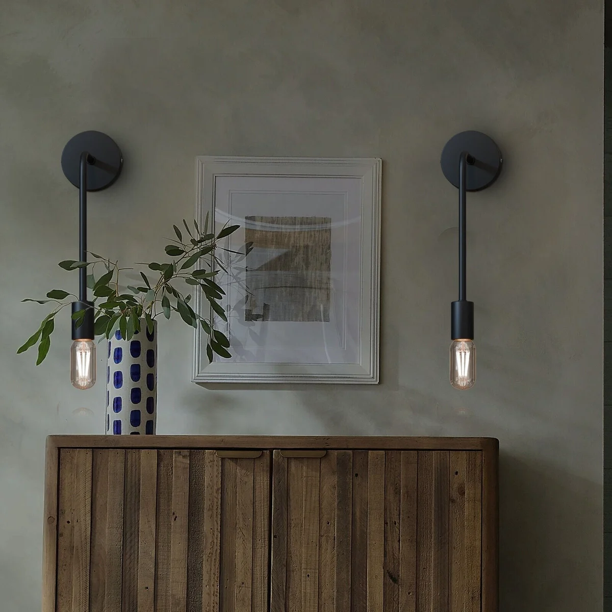 Modern metal up and down wall light with curved arm and round ceiling rose, suitable for E27 bulbs, indoor use