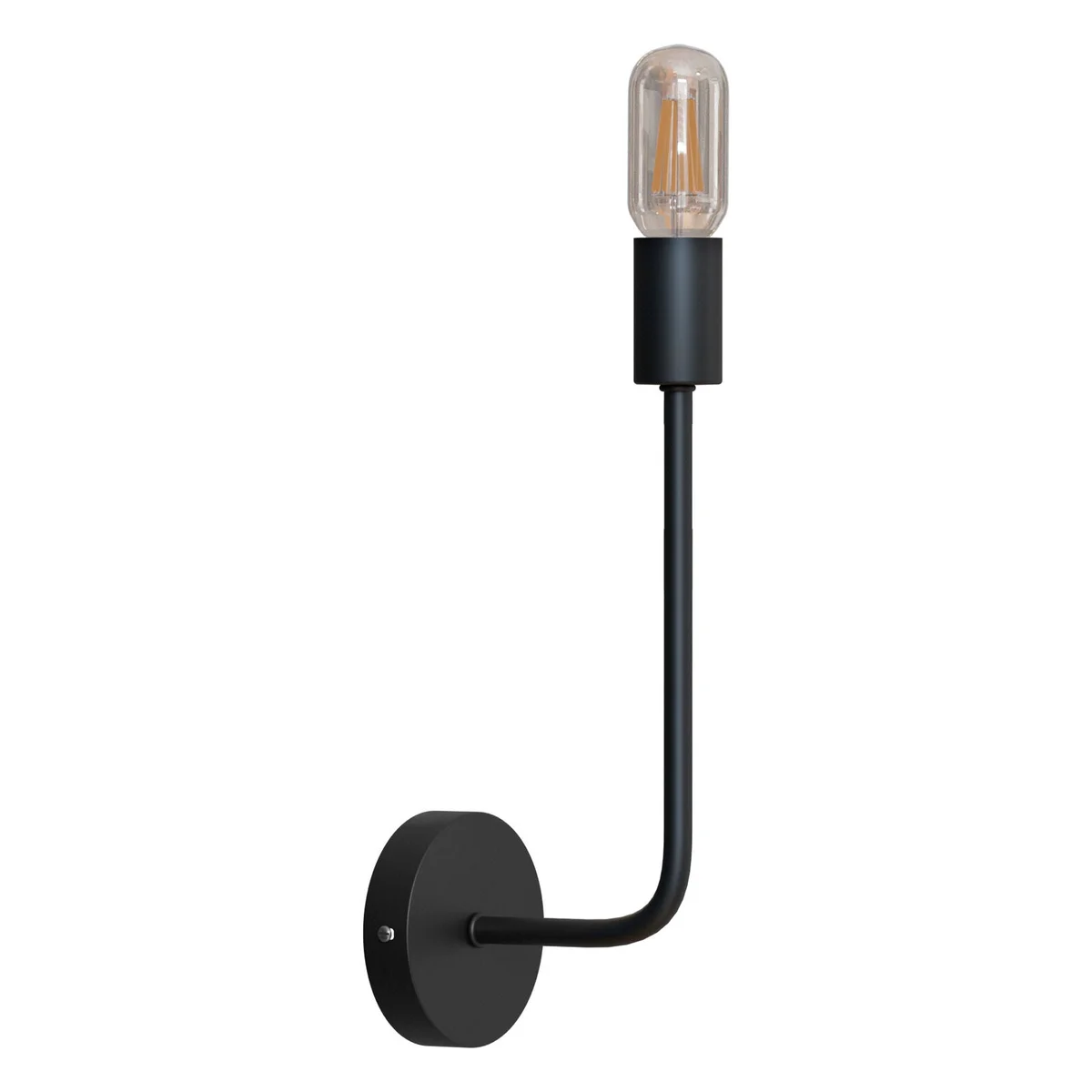 Modern wall light with curved metal arm and cylindrical E27 socket, mounted on round 10 cm ceiling rose in industrial style