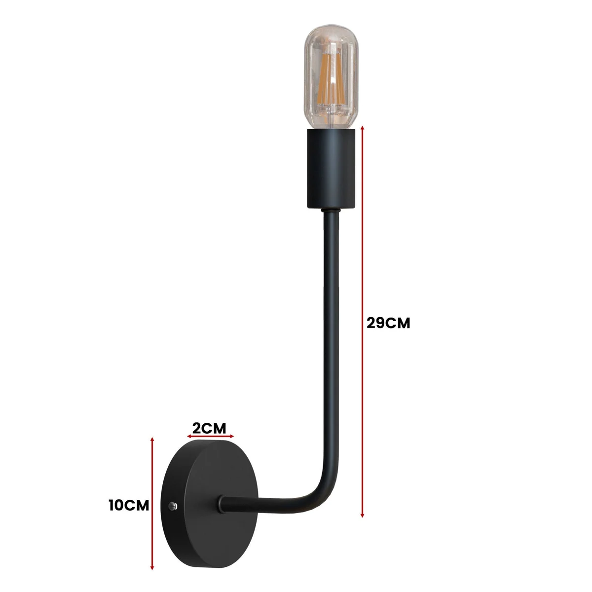 Modern wall light with curved metal arm and cylindrical E27 socket mounted on round ceiling rose against white wall