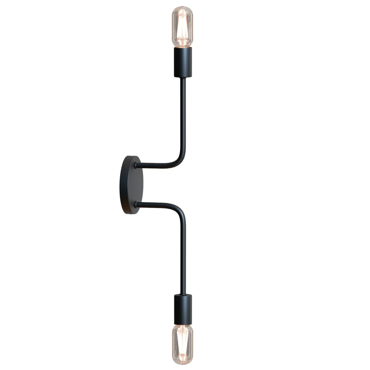 Modern wall light with curved metal arm and cylindrical E27 socket mounted on round 10 cm ceiling rose in industrial style