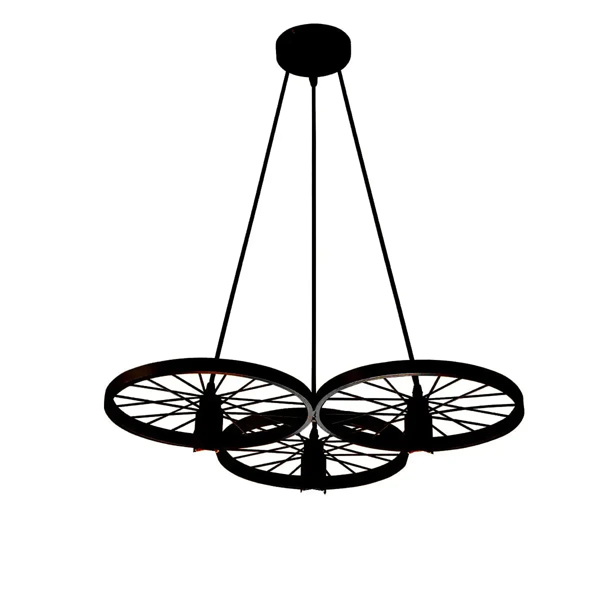 Rustic wagon wheel chandelier with three Edison-style bulbs hanging from black metal frame in industrial style design