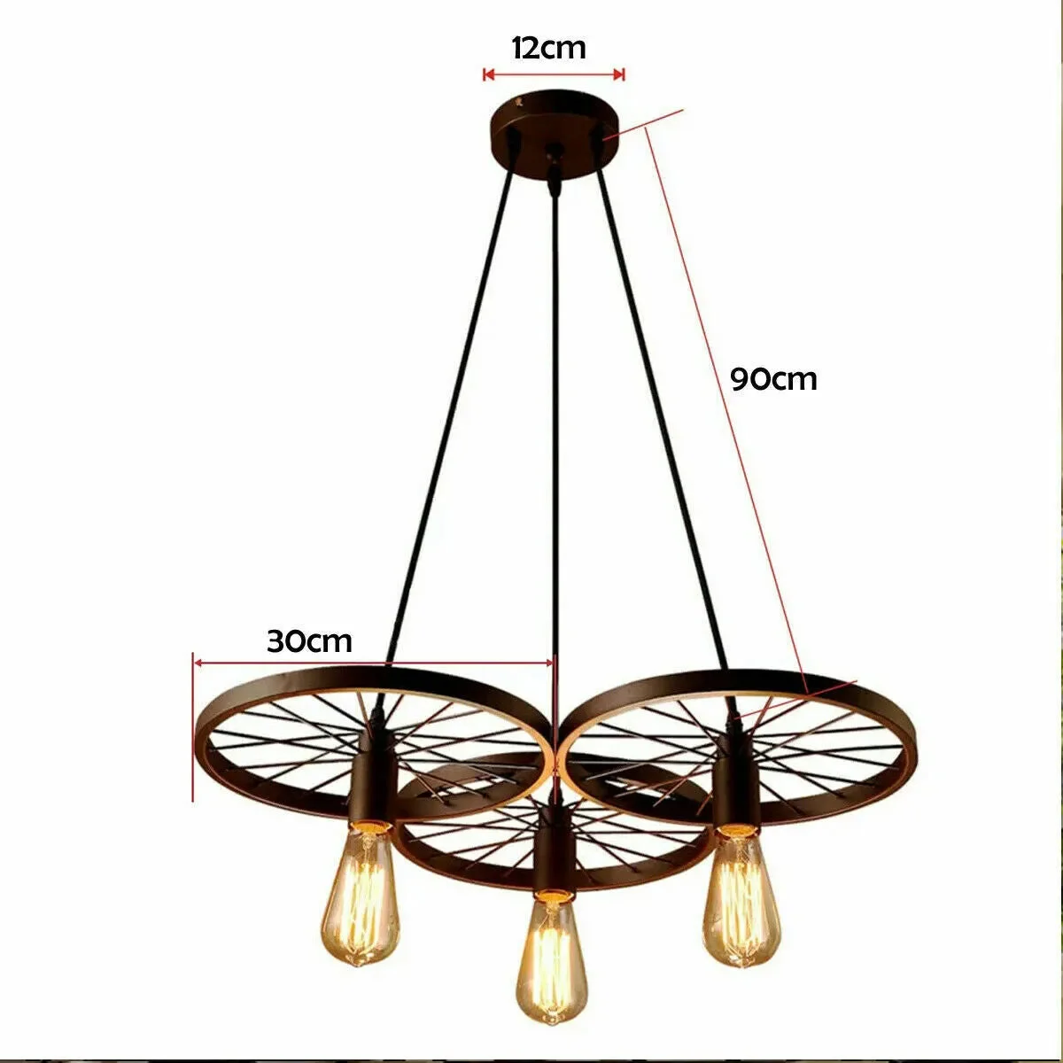 Vintage pendant light featuring a rustic industrial wagon wheel design with three Edison-style bulbs hanging from metal frame