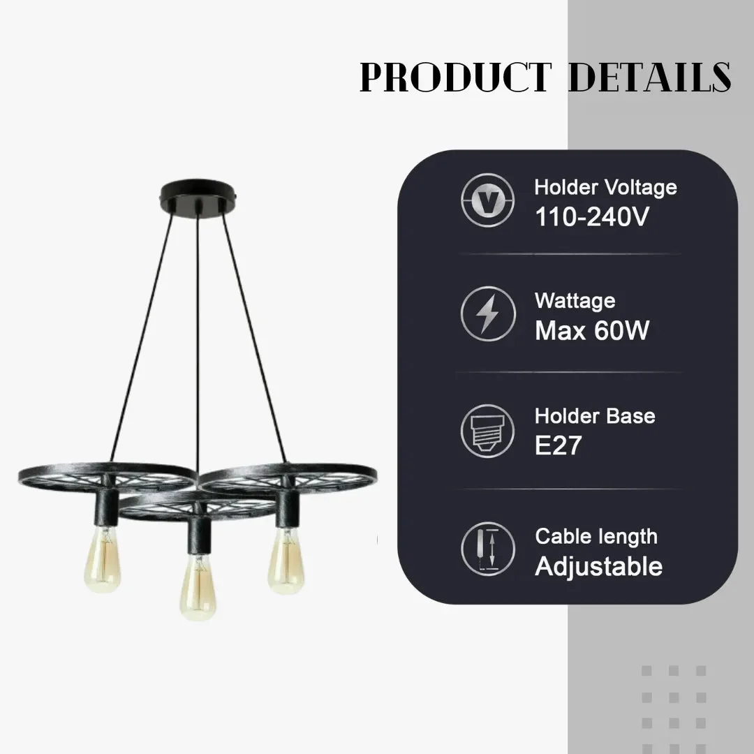 Rustic industrial three light hanging light with vintage wagon wheel design and Edison-style bulbs in metal frame