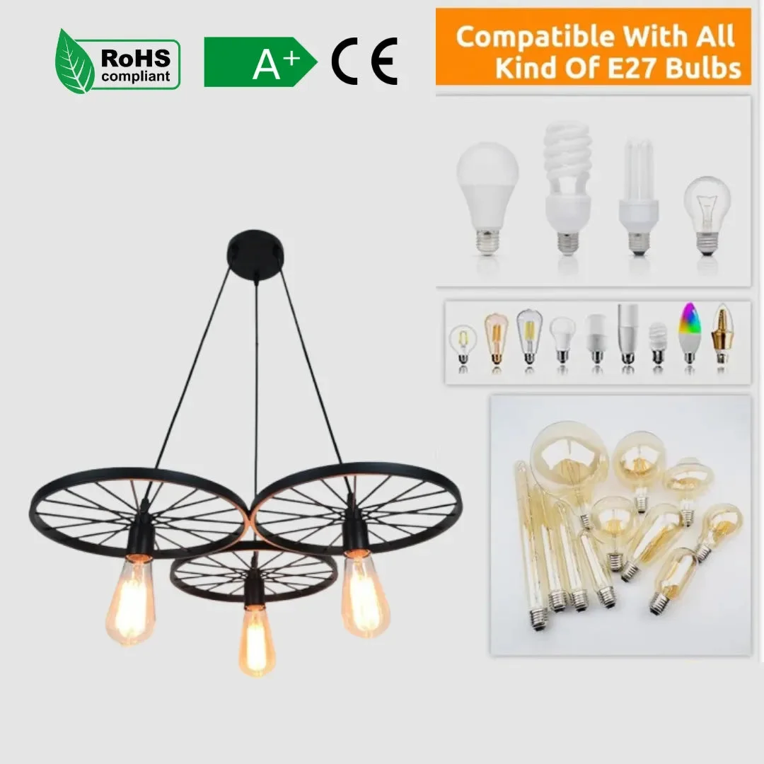 Rustic industrial pendant light with vintage wagon wheel design and three Edison-style bulbs hanging in room