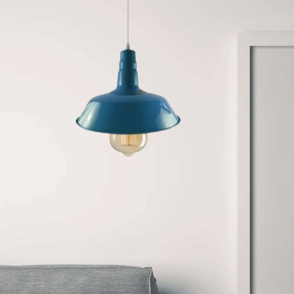 Blue modern pendant lighting with metal barn slot shade and white interior, hanging from adjustable 95cm cable