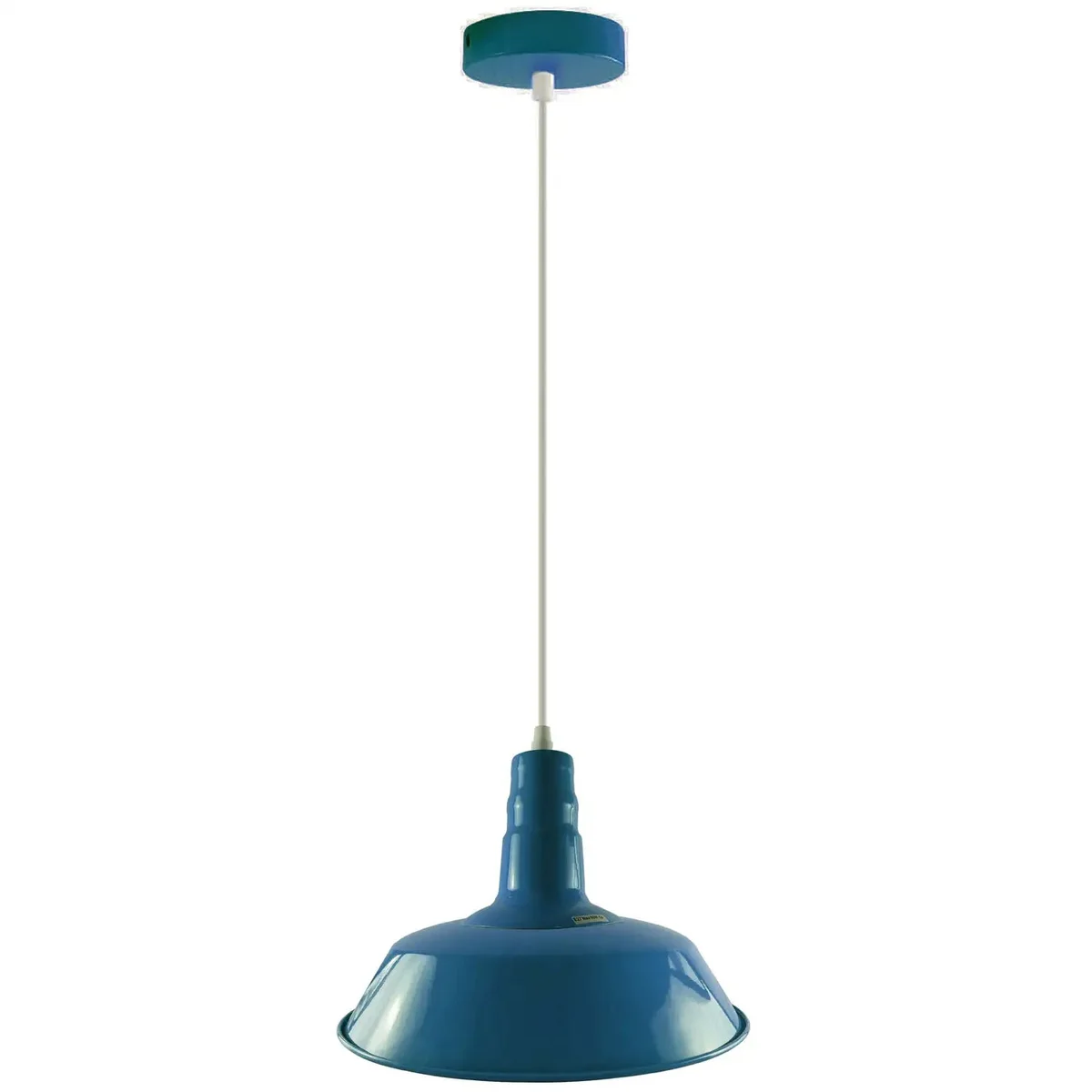 Blue modern metal barn slot shade dimmable ceiling light with white inner shade and 95cm adjustable cable hanging above kitchen island