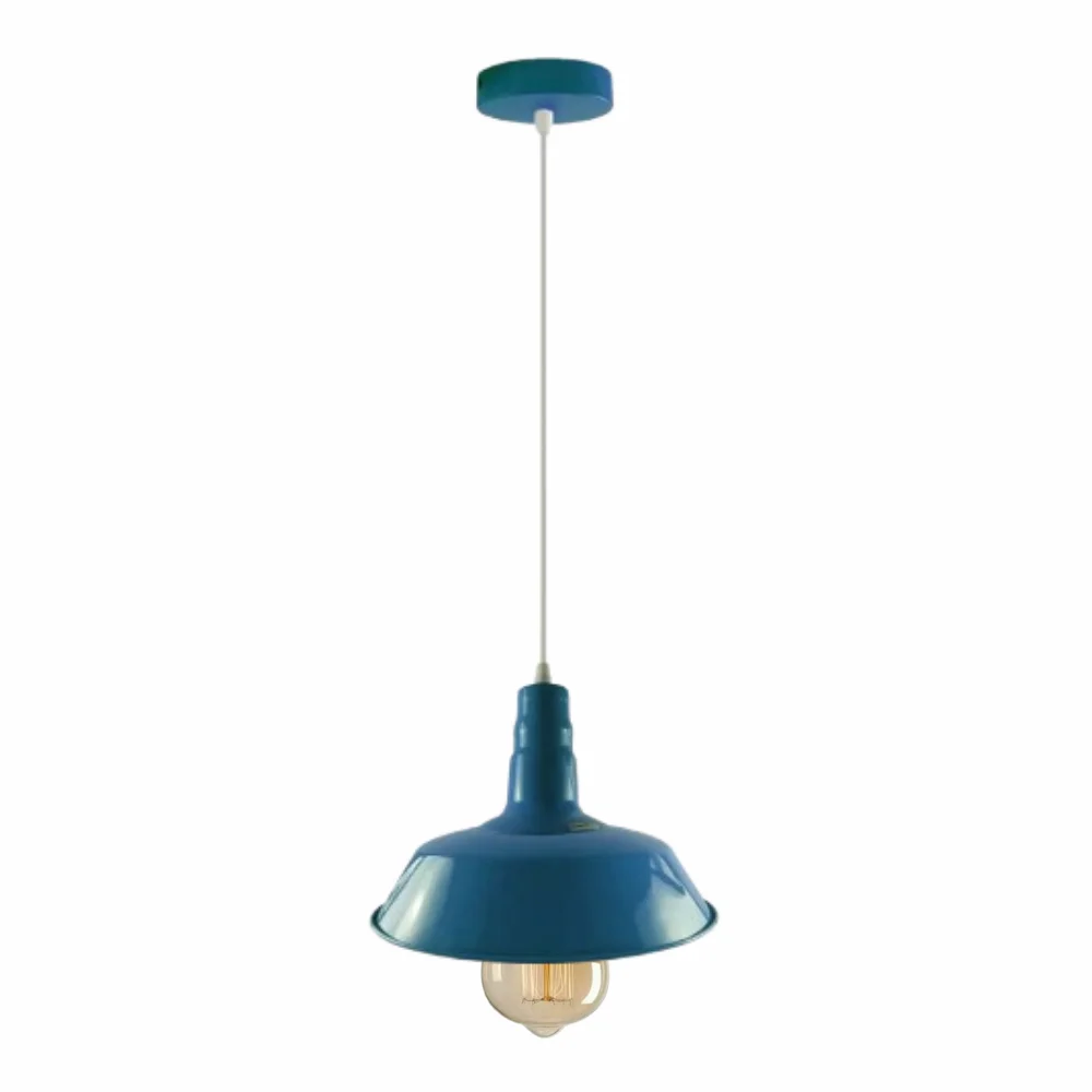 Blue modern metal barn slot shade pendant light with white interior, hanging on adjustable cord, E27 bulb pendant style