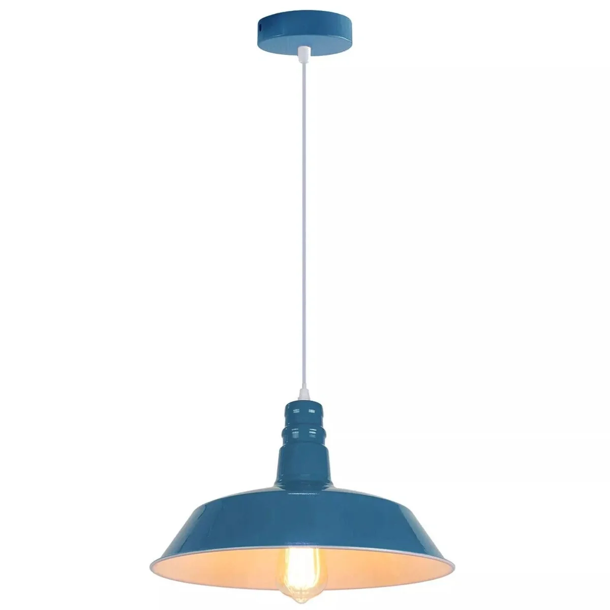 Blue modern pendant light with barn slot shade and adjustable cable pendant hanging against white background