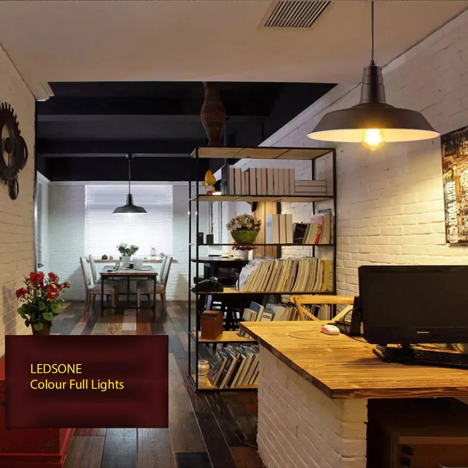 Retro metal industrial ceiling pendant with semi-curved shade and adjustable cord hanging against white background