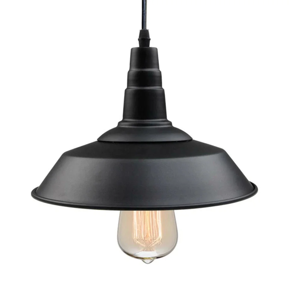 Industrial ceiling pendant with adjustable cord, semi-curved metal shade in vintage industrial style, suitable for indoor use