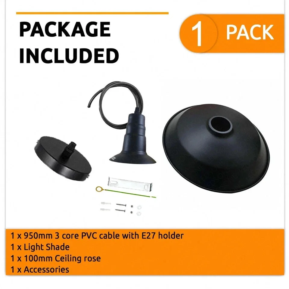 Retro metal industrial ceiling pendant with semi-curved shade and adjustable cord hanging in modern room setting