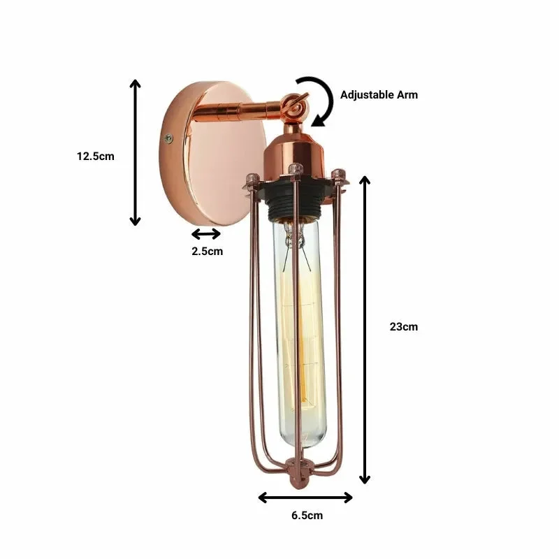 Modern retro industrial adjustable wall sconce with rose gold metal shade mounted on a wall for home decor lighting