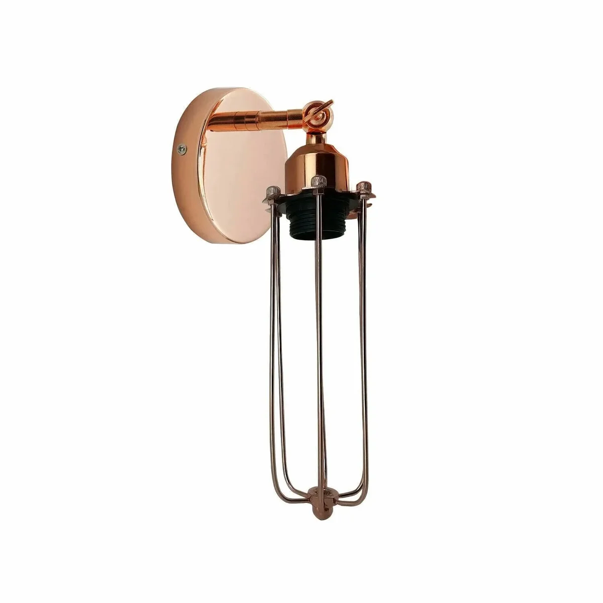 Adjustable rose gold wall lamp with industrial metal shade mounted on a white wall, ideal for modern retro decor