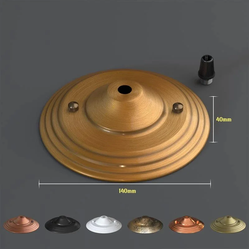 140mm metal ceiling rose with single outlet drop, riveted iron construction and central 10mm hole for light fittings