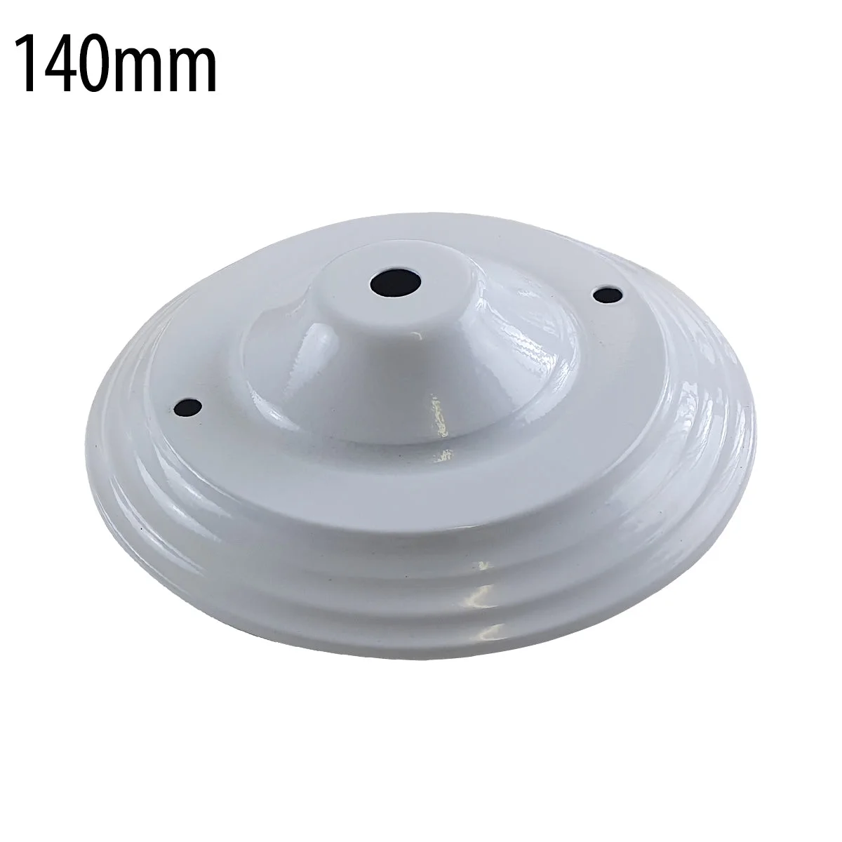 140mm metallic ceiling rose with cord grip, single outlet drop, riveted construction, earth tag visible on front fitting