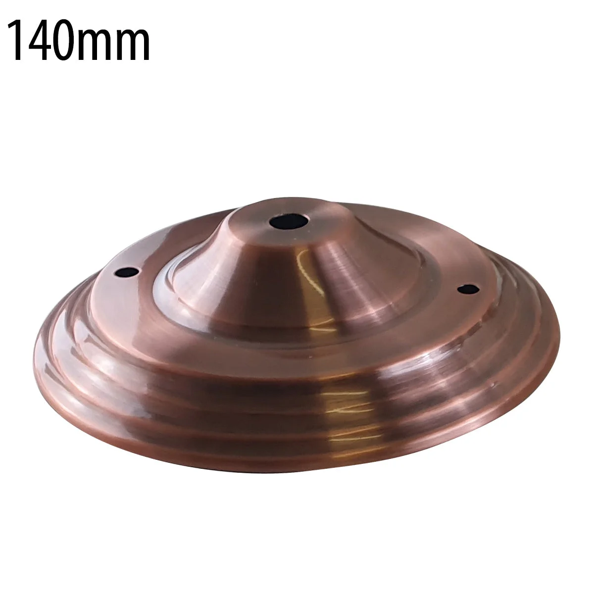 140mm metal ceiling rose with single outlet drop and cord grip, metallic iron with plating and earth tag visible