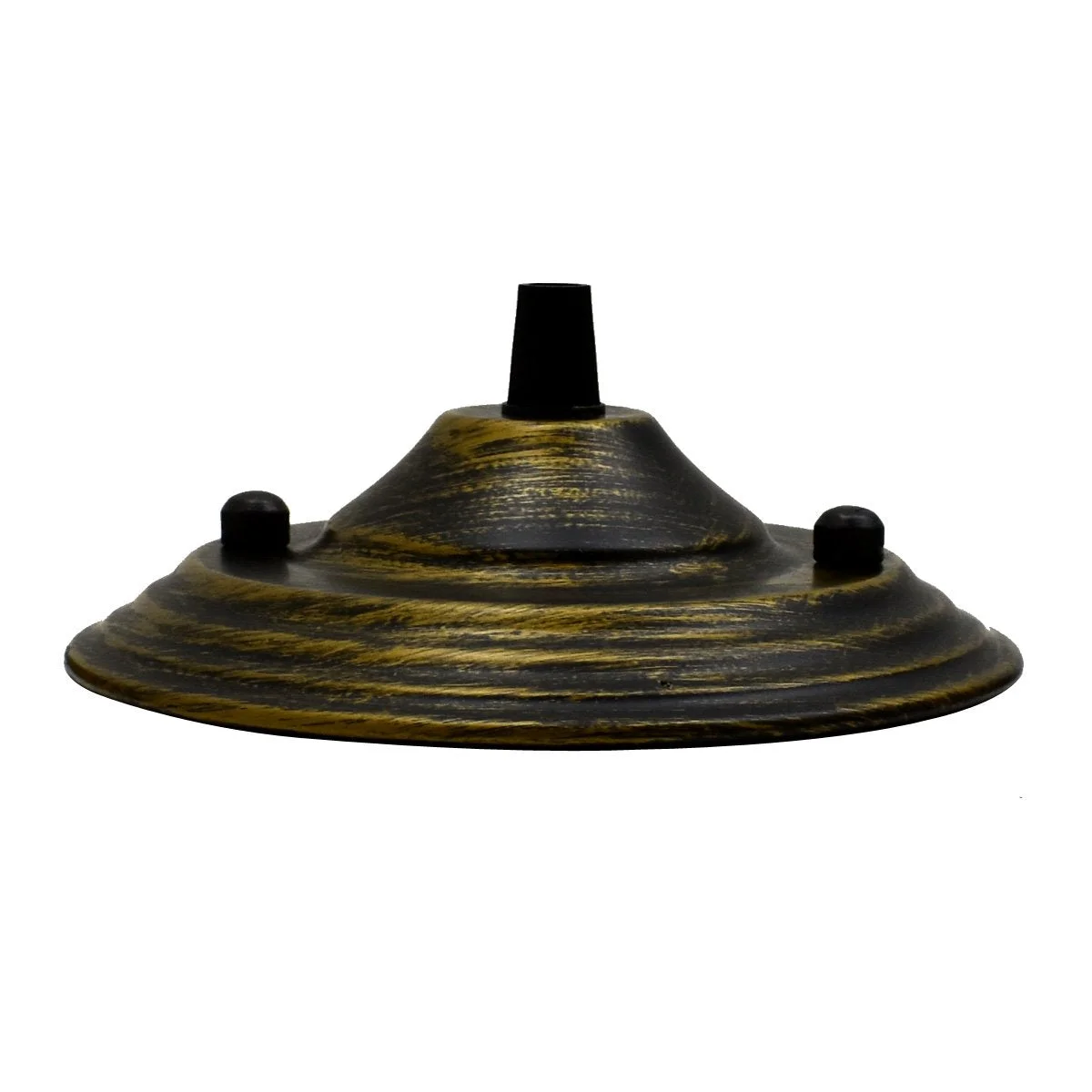 140mm metal ceiling rose with single outlet drop, riveted iron construction, central 10mm hole, earth tag visible
