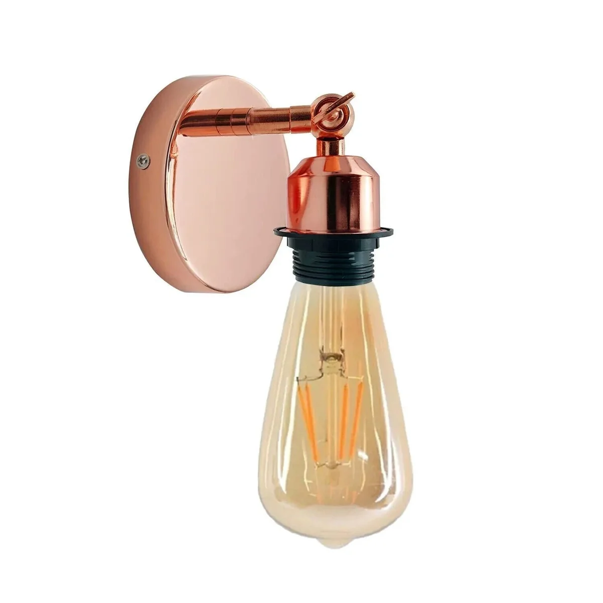 Adjustable wall light in retro industrial style with rose gold metal finish and E27 bulb fitting mounted on a wall