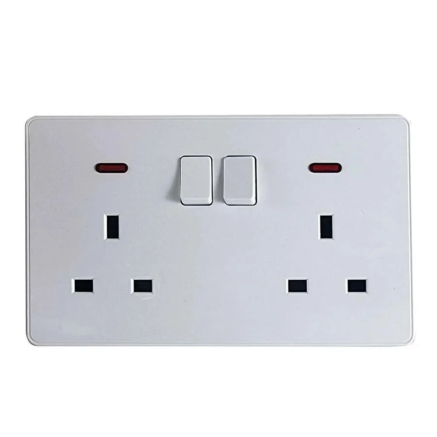 White 13Amp wall plug socket with two outlets, ON/OFF switch, and LED indicator on a white background