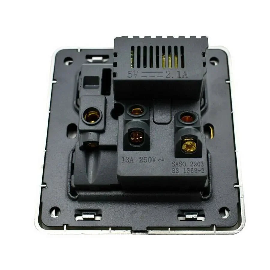 White 13Amp wall plug socket with double gang, ON/OFF switch, LED indicator, and screwless design for UK fitting