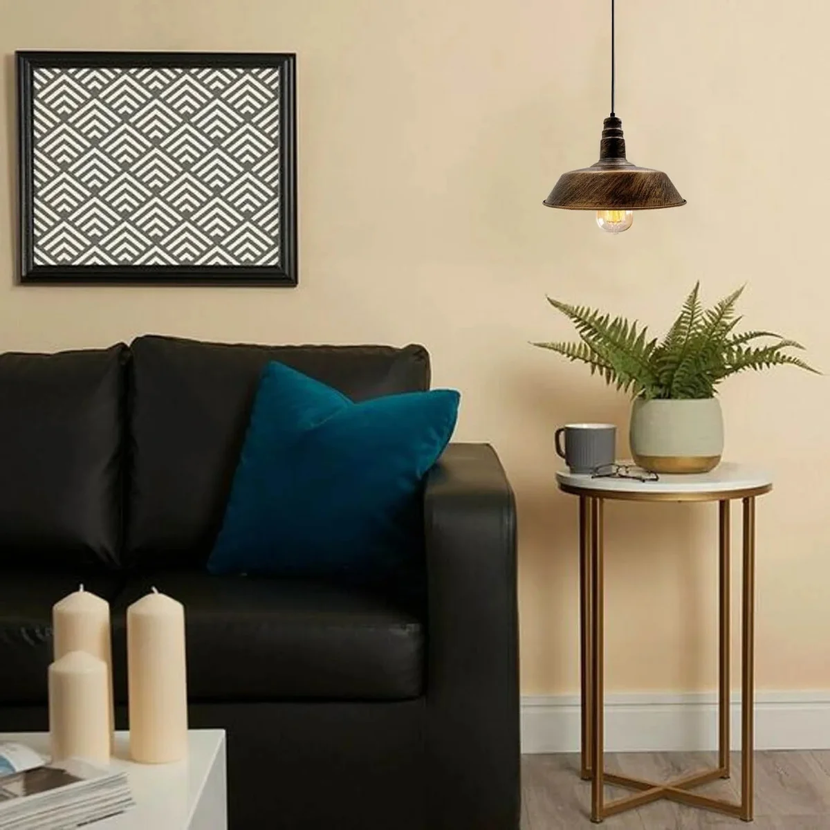 Vintage style brushed copper pendant lamp with metal shade and 95cm adjustable cable, suitable for indoor ceiling lighting