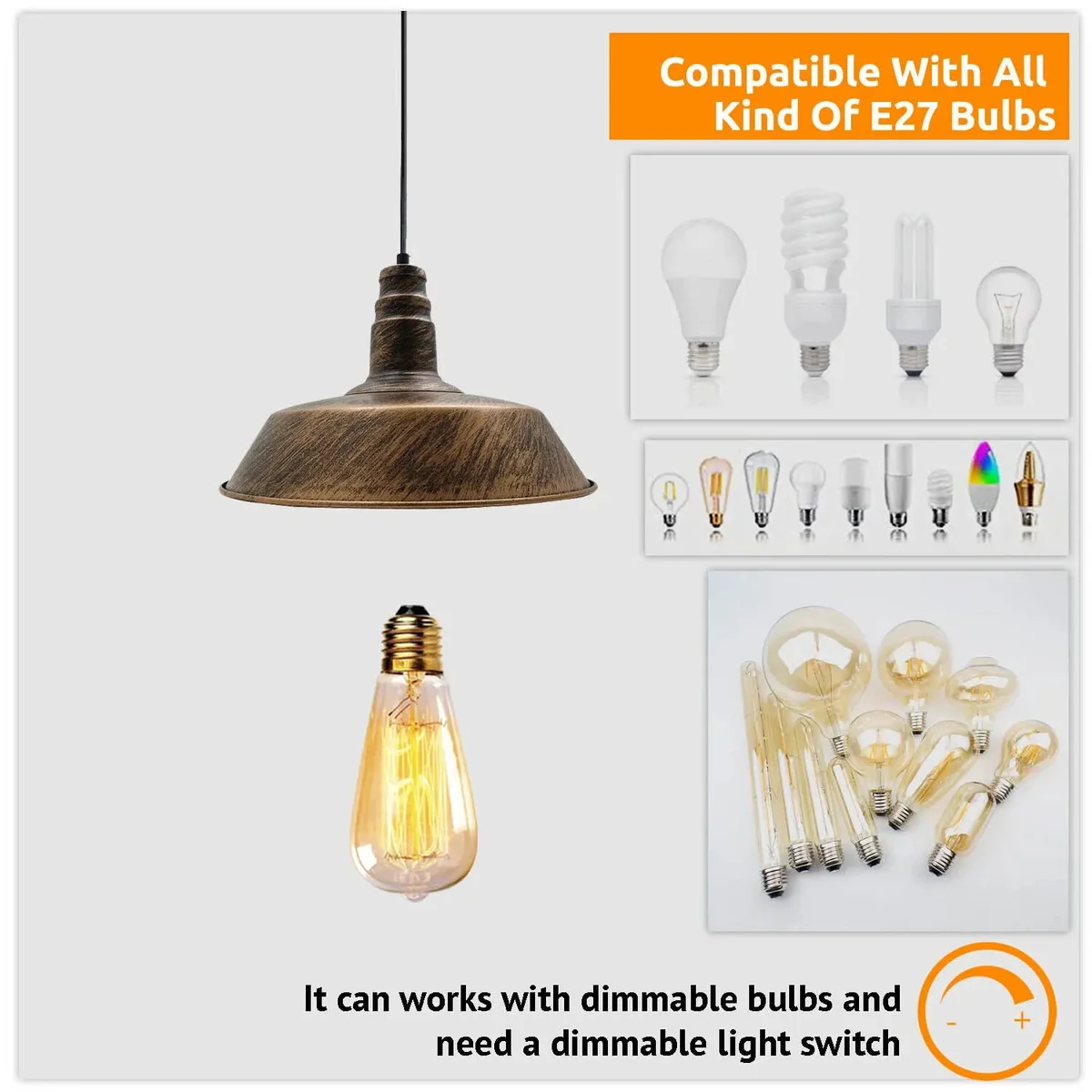 Brushed copper retro style ceiling light pendant with metal shade and 95cm adjustable hanging cable against white background