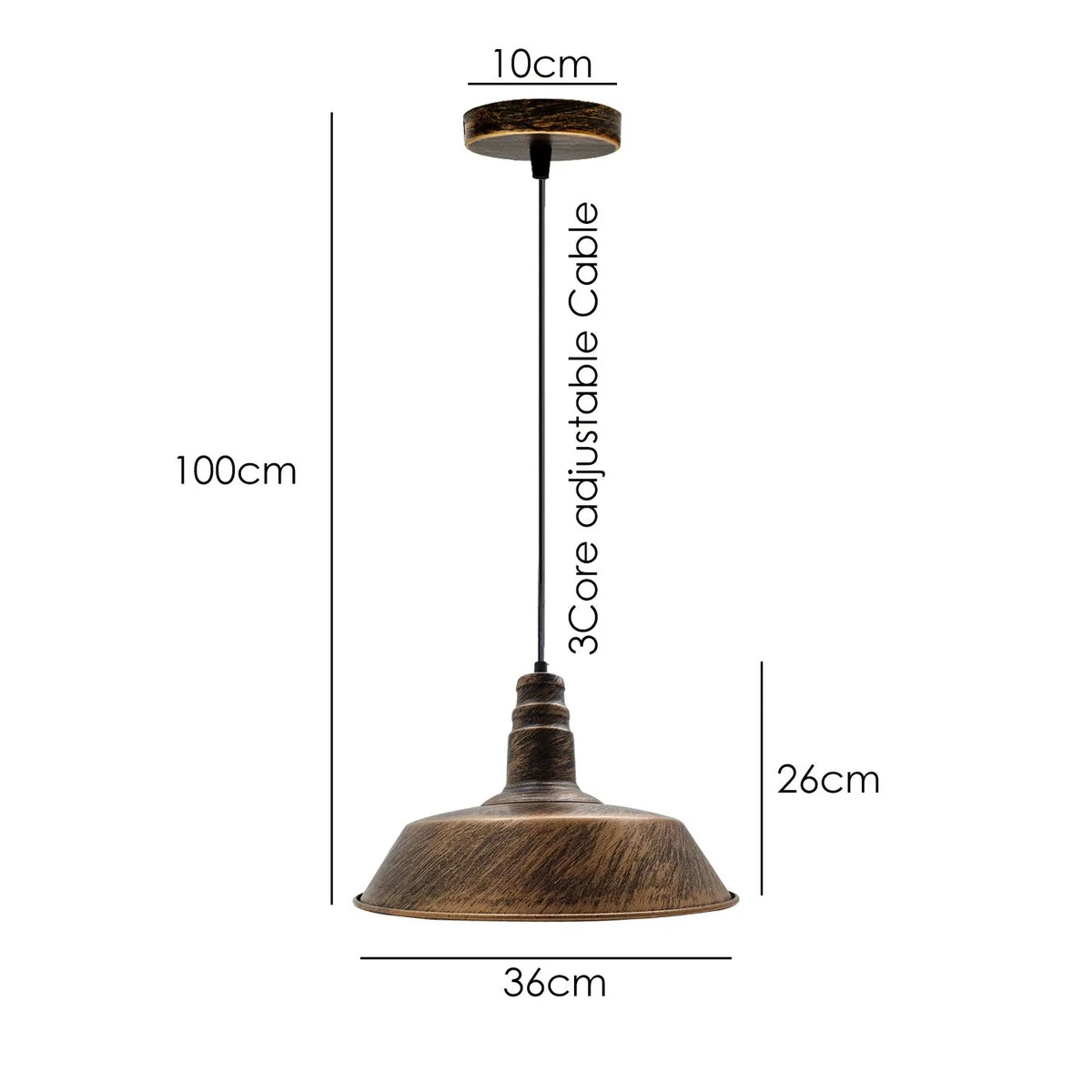 Vintage style brushed copper E27 bulb ceiling lamp with adjustable 95cm cable and metal pendant shade hanging indoors