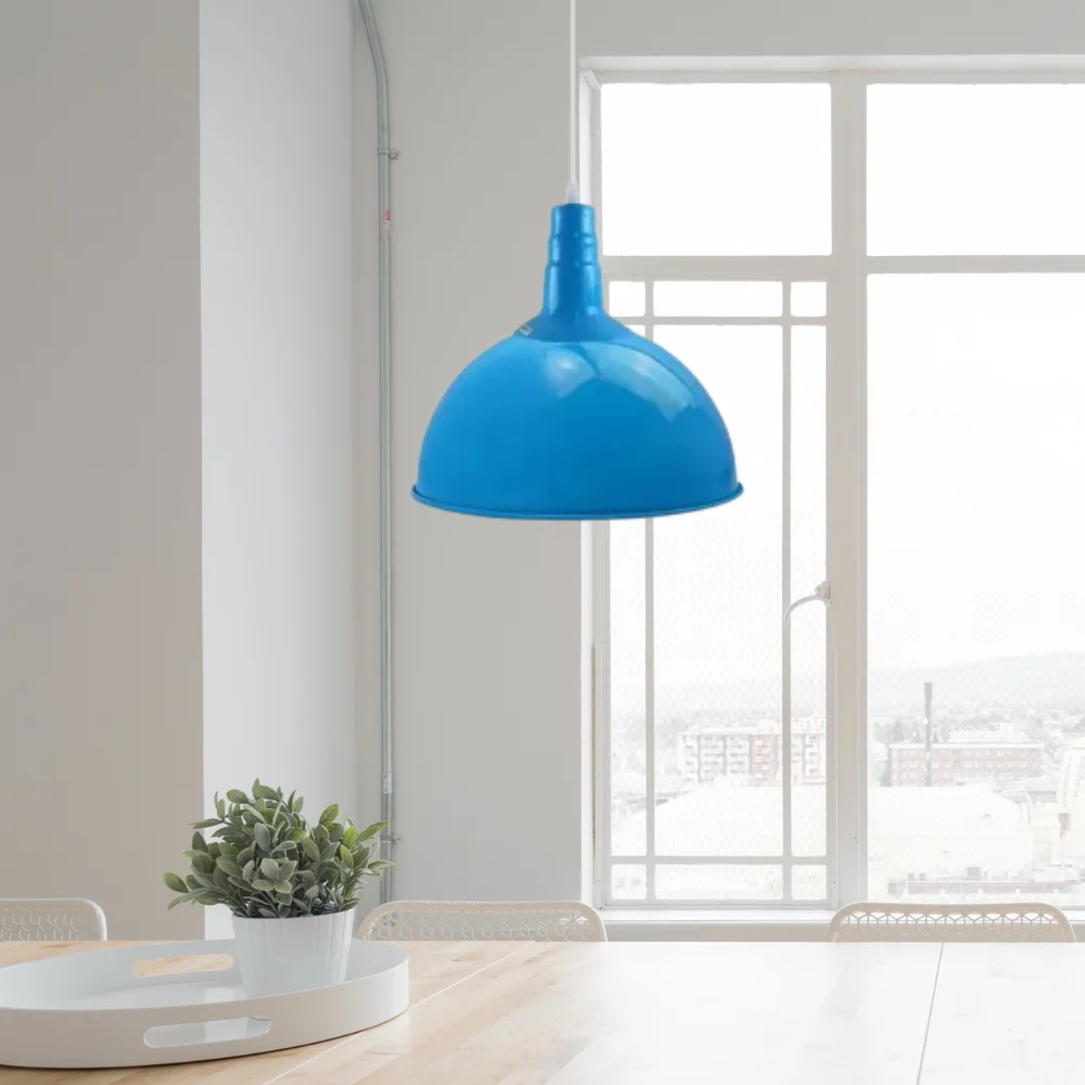 Modern retro ceiling light with white metal dome shade, E27 holder, and 1m white rubber cable hanging from ceiling rose