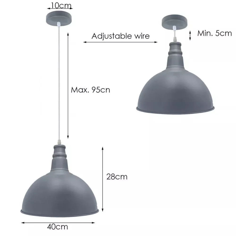 Modern retro style E27 pendant light with white metal dome lampshade and 1m white rubber cable hanging from ceiling rose