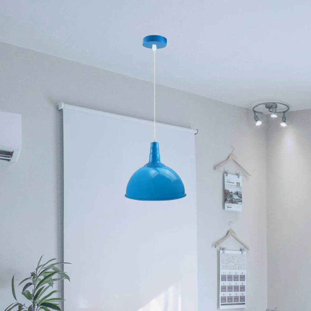 Modern retro ceiling rose light fitting with white rubber cable, metal dome lampshade, and E27 bulb holder, 30cm wide