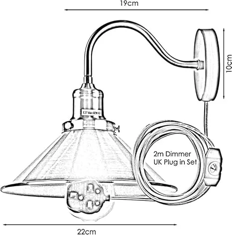 Retro wall lamp with satin nickel swan neck arm, cone metal shade, and on/off switch, ideal for industrial interiors