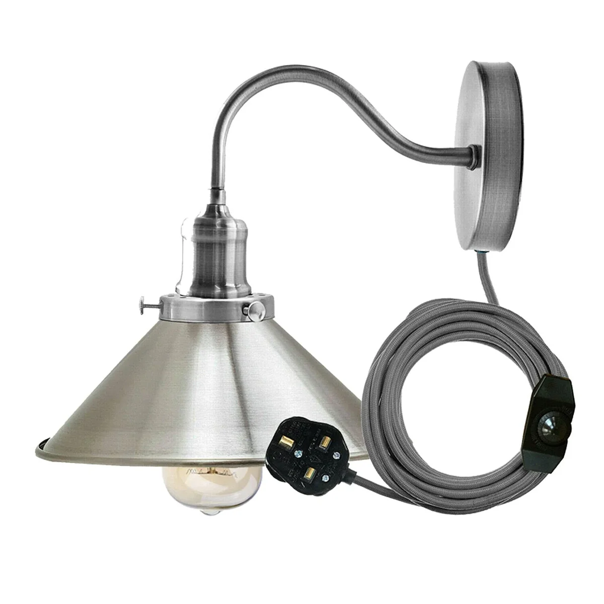 Retro industrial swan neck metal wall light with cone shade, satin nickel finish, and on/off switch on 2m cord