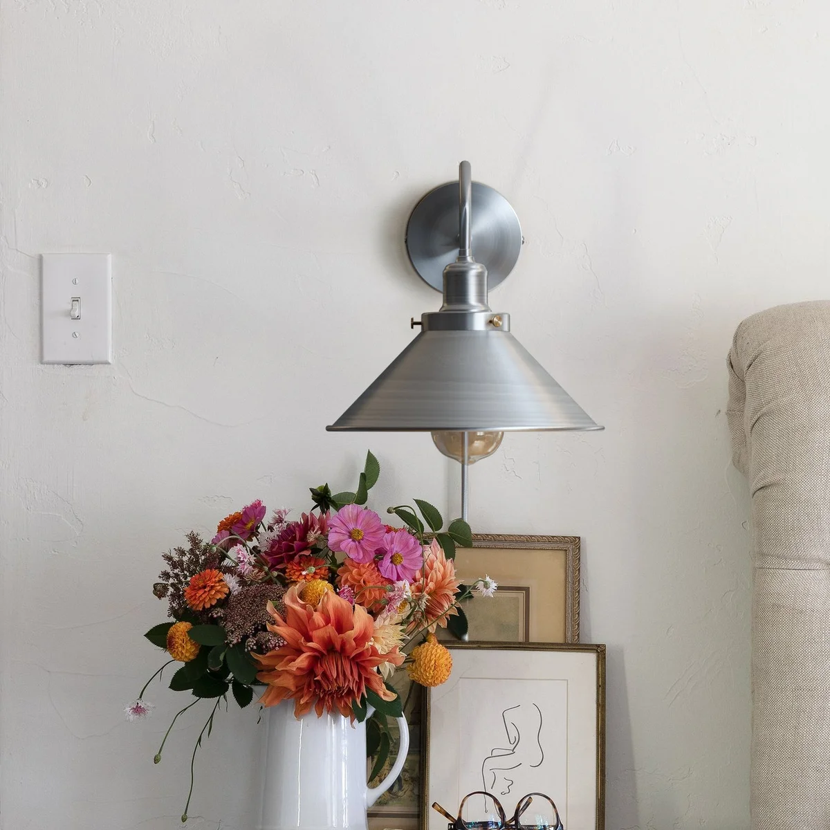 Retro industrial satin nickel swan neck arm LED compatible wall lamp with cone shade and on/off switch mounted on wall