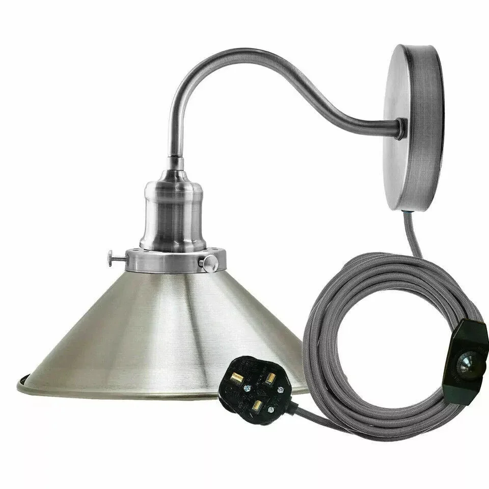 Retro industrial satin nickel on/off switch wall light with swan neck arm and cone-shaped metal shade on white background